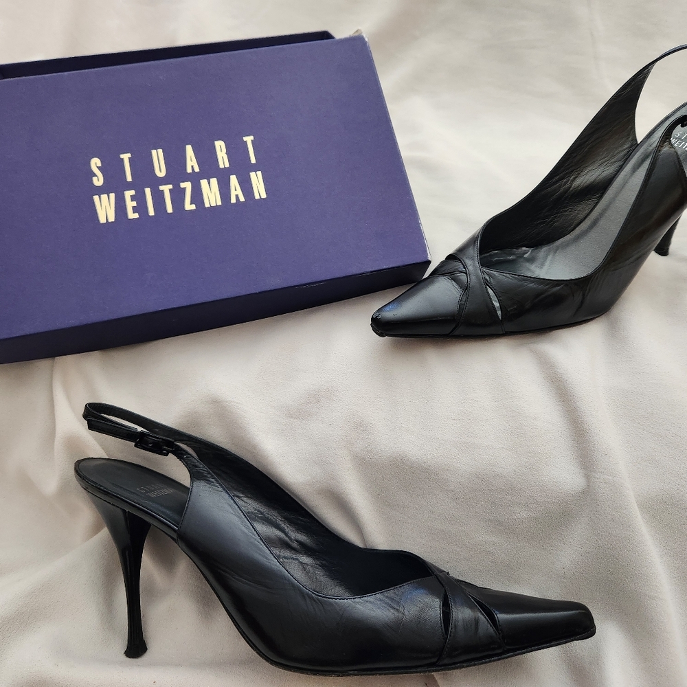 Stuart Weitzman Black Leather Slingback Heels 11M Orig $325 4" Heel